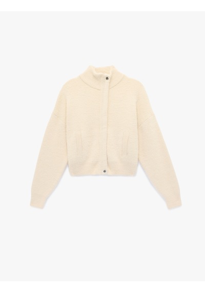 Koton Koton X Sibil Çetinkaya - Uzun Kollu Dik Yaka Fermuarlı Peluş Hırka Ekru 6wak90398ht
