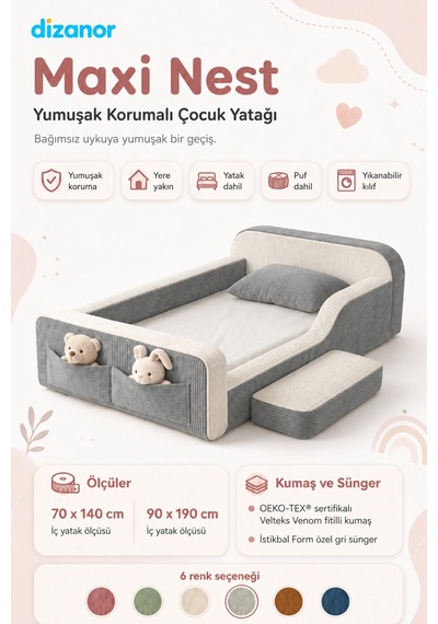 Dizanor Maxi Nest Montessori Çocuk Karyola Yatak Seti Gri Fitilli 140 X 200 Dizanor Maxi Nest Montessori Çocuk Karyola Yatak Seti Gri Fitilli 140 X 200