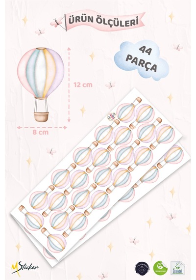 Watercolor Balonlar Sticker Seti Özel Kesimli Mat Yüzeyli Çocuk Bebek Odası Sticker Seti 44 Parça Dijital Baskı