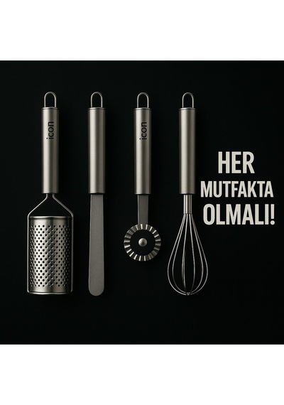 Icon 4 Lü Şef Yardımcı Seti Çelik Rende, Pizza Kesici,pasta Düzenleyici,çırpıcı Beyaz