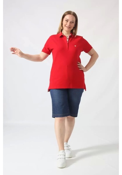 Moda Berray 21305 Kısa Kollu Büyük Beden Lakost Kumas T-shirt Kırmızı Kırmızı