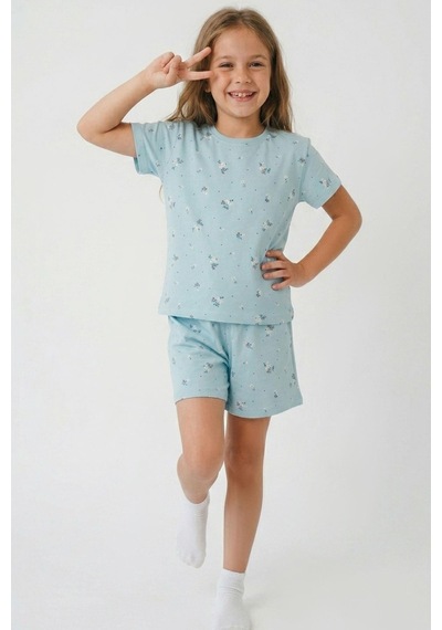 Breeze Kız Çocuk Şortlu Pijama Takımı Çiçek Desenli 4-8 Yaş, Açık Mavi