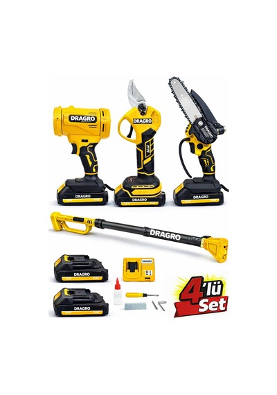 Dragro Drg4'lü Set Şarjlı Makas + Otomatik Yağlı Testere + Yaprak Üfleme + Teleskopik Kol S