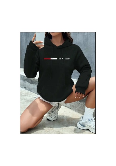 Medinenur Los Angeles Desenli Kapüşonlu Cepli Sweatshirt Siyah