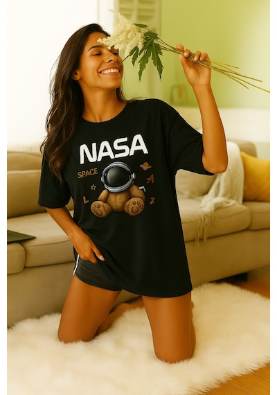 Ayıcık Baskılı Oversize Siyah T-shirt SIYAH