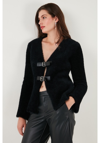 Lela Premium Regular Fit V Yaka Çift Kemerli Peluş Bayan Hırka 680Hi00112 Siyah