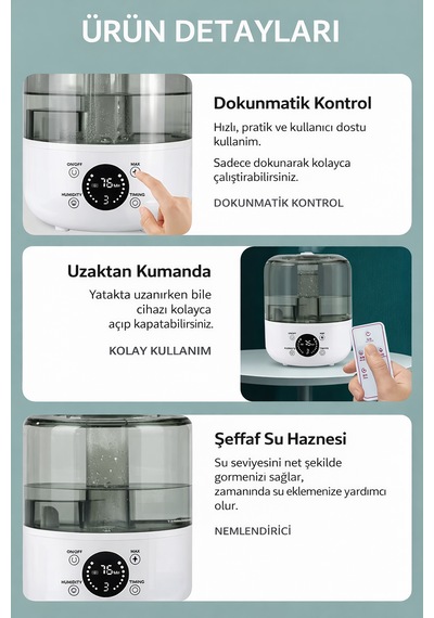 3 Litre Kapasiteli Led Ekranlı Akıllı Hava Nemlendirici 3 Seviyeli Buhar Ayarı, Geniş Alan Etkisi