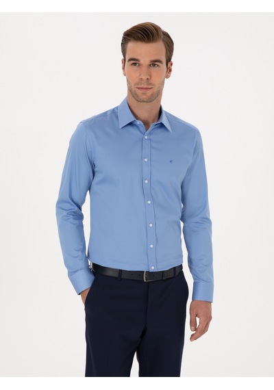 Cacharel Koyu Mavi Slim Fit %100 Pamuk Klasik Gömlek