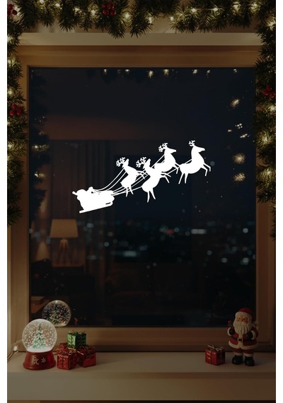 Yılbaşı Süslemeleri Noel Baba Geyikler Sticker Çıkartma Dekoratif Pencere Stickeri 26x50cm - Beyaz Genel