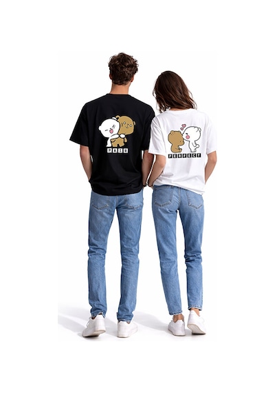 Sevgili Kombini Perfect Pair Ayıcık Baskılı Çift Tişört Oversize Unisex Partner Kombin Seti Siyah - Beyaz