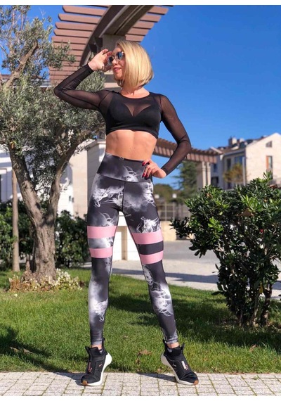 Lismina Bacakları Çift Pembe Şeritli Duman Desen Spor Tayt GRİ - BEYAZ - SİYAH