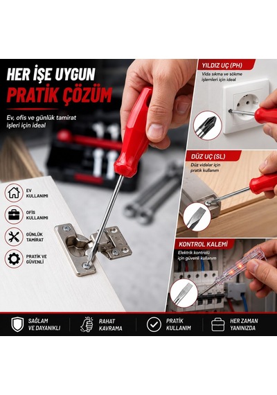 Edonı 3 Lü Tornavida Ve Kontrol Kalemi Seti, 19 Cm Yıldız Ve Düz Uç Tornavida, 20 Cm Kontrol Kalemi, Ergonomik Saplı, Ev Ofis Günlük Tamirat Ve Pratik El Aleti Seti