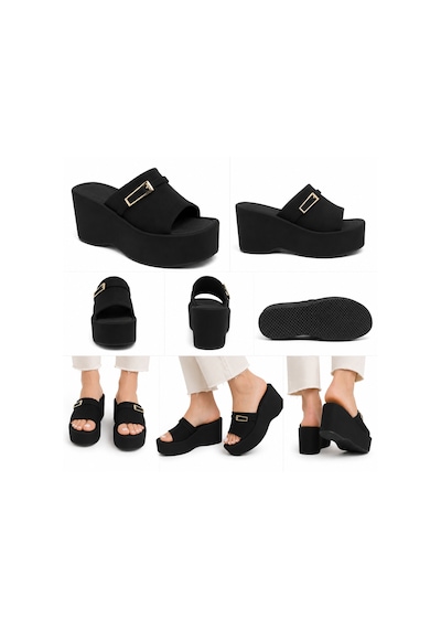 N Napa Shoe Np.9555.siyah Saten Napa Shoe Kadın Dolgu Topuk Platform Terlik Siyah Günlük Şıklık Ve Konfor