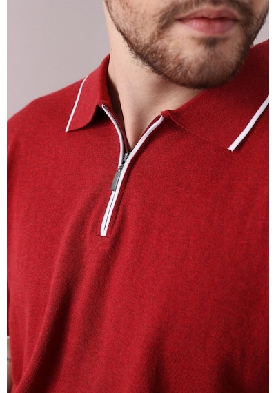 Ferraro Tarçın Yaka Şerit Fermuarlı Erkek Pamuk Triko T-Shirt-Tarçın