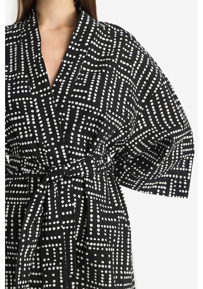 Defacto %100 Pamuk Regular Fıt Desenli Kuşaklı Kimono D0453AX24SM Siyah