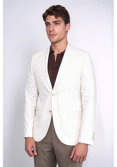 Ekru Çizgili Keten Dokulu Gold Renk Metal Düğmeli Slim Fit Erkek Blazer Ceket Wessi Beige
