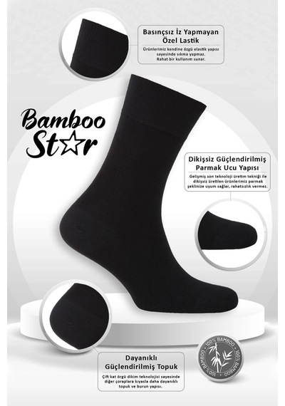 Bamboo Star Bambu Erkek Soket Uzun Düz Siyah Çorap Dikişsiz 6'lı Premium Kutulu