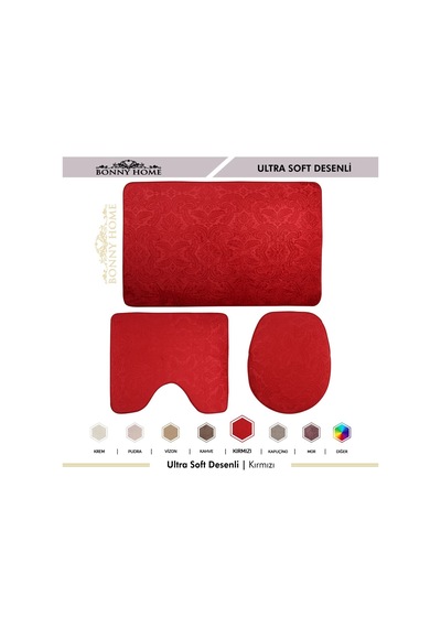 Ultrasoft Desenli Kırmızı 3 Lü Banyo Paspası Halısı Seti Kaymaz T Kırmızı