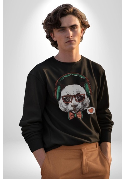 Kulaklıklı Hipster Portre Panda Unisex Siyah Baskılı Sweatshirt Siyah