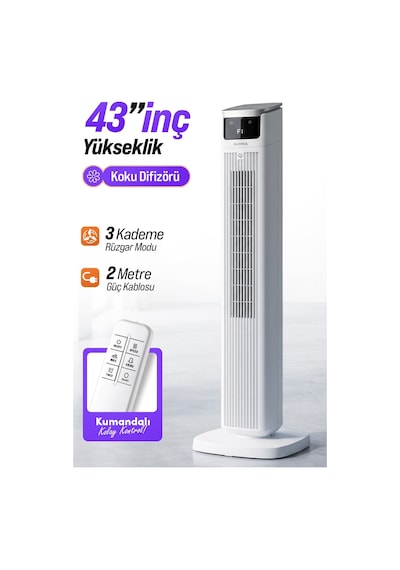Auhma Acfn05 43" Kule Tipi Vantilatör Beyaz 45w Sessiz Çalışma 3 Hız Kademesi Led Dokunmatik E