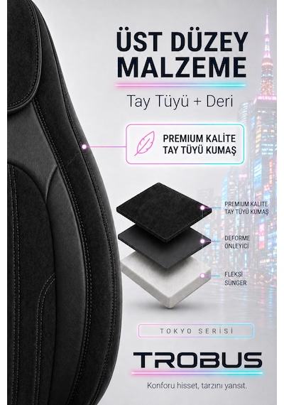 Fiat Albea 2002-2012 Bel Destekli Tay Tüyü Koltuk Kılıfı Tokyo Serisi Siyah