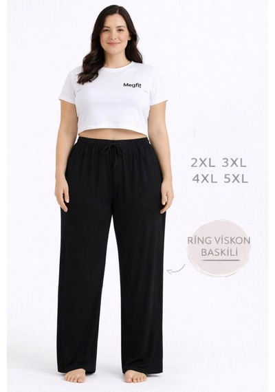 Viskon Pamuklu Kadın Büyük Beden Siyah Pijama Pantolon - Mgb002 - Mudanis