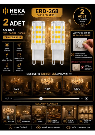 2 Adet Heka 5w Günışığı 3000k G9 Duylu Dim Edilebilir Led Kapsül Ampul