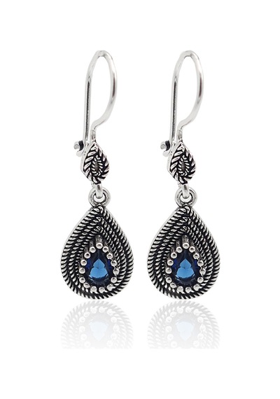 Safir Taşlı Damla Model Oksitli Telkari Gümüş Bayan Küpe 201023142