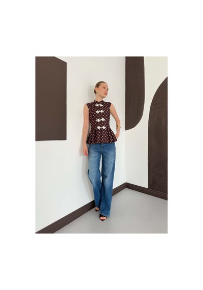 Verymoda Çin Düğmeli Puantiyeli Bluz D3074 Kahve