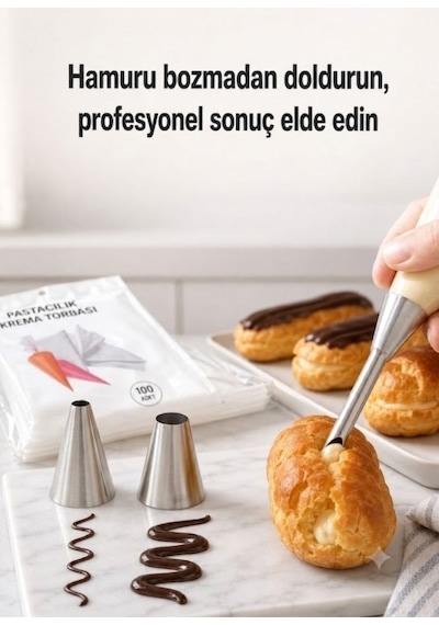Profiterol & Ekler Dolgu Duy Seti 304 Paslanmaz Çelik + 100 Krem Torbası Gri