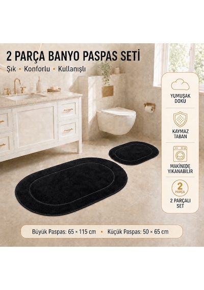 Rixos 2'li Banyo Halısı Paspası Seti Kaymaz Tabanlı Klozet Takımı Siyah