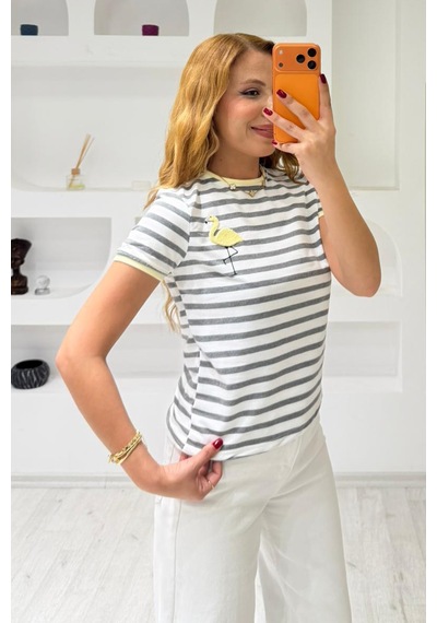 Fiolin Bisiklet Yaka Çizgili T-shirt Sari