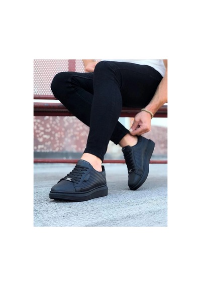 Mevese Tromto Bağcıklı Cilt Delikli Erkek Günlük Sneaker Ayakkabı - Siyah