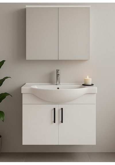 DMZ Home Concept Nova 80 Cm Beyaz renkli, Tamamı Mdf, Oval Seramik Lavabolu, Alt ve Üst Dolaplı DMZ Home Concept Nova 80 Cm Beyaz renkli, Tamamı Mdf, Oval Seramik Lavabolu, Alt ve Üst Dolaplı