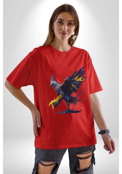 Kara Kartal Sulu Boya Pamuklu Bisiklet Yaka Unisex Oversize Boyfriend Dijital Baskılı Kırmızı T-shirt Kırmızı