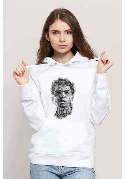 Muhammed Ali Illustrator Baskılı Beyaz Kadın Kapşonlu Sweatshirt