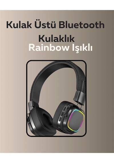 Mey İthalat Bluetooth 5.3 Rainbow Işıklı Kulak Üstü Kablosuz Kulaklık