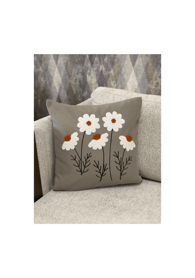 2 Li Dekoratif Kırlent Kılıfı Home Yazılı Papatya Desenli Modern Bohem Salon Bej Bej
