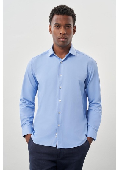 İmza Mavi Uzun Kol Düz Bez Ayağı Yarım İtalyan Yaka Cepsiz Pamuklu Classic Slim Fit Gömlek 1004245268 Mavi