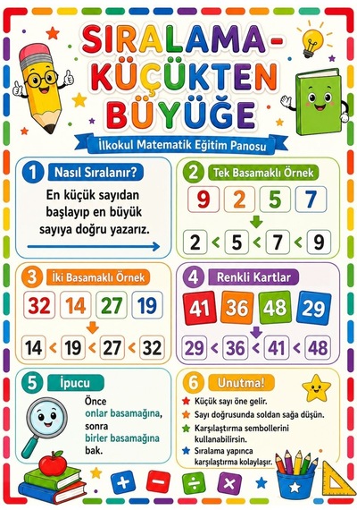 Küçükten Büyüğe Sıralama İlkokul Matematik Eğitim Afişi 50x70 Cm Tüm Yaşlar