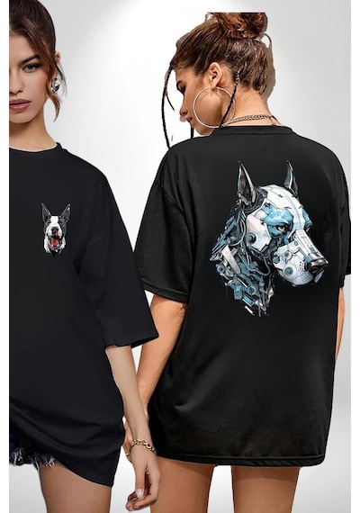 Robot Cyborg Köpek Doberman Siyah Oversize Unisex Ön Ve Sırt Baskılı Tişört Siyah
