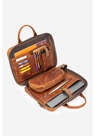 Mussen Hakiki Deri Organizer Macbook Laptop Evrak Çantası 13" & 14" İnç Taba Tiana