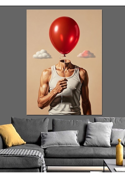 Ahşap Tablo Kırmızı Balon Kafalı Genç Adam İllüstrasyonu