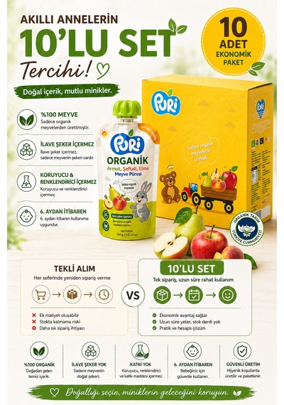 Organic Şeftalili Kayısılı Püresi 100g  x 10 %100 Organik İlave Şekersiz 10'lu Paket