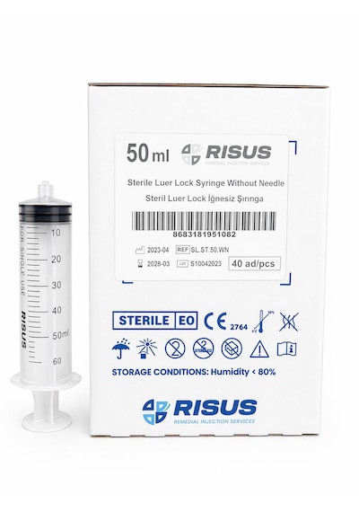 Rısus Luer Lock Şırınga İğnesiz Hassas Ölçekli Enjektör 40 x 50 ML