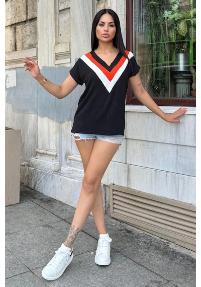 Kadın Siyah V Yaka, Kısa Kol, Color Block Detaylı Salaş Airobin Bluz SIYAH
