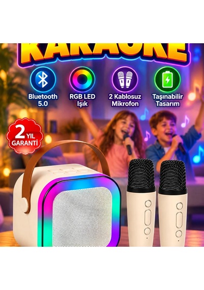 Taşınabilir Karaoke Hoparlörü Çift Kablosuz Mikrofon, Led Işık Ve Bluetooth 5.0