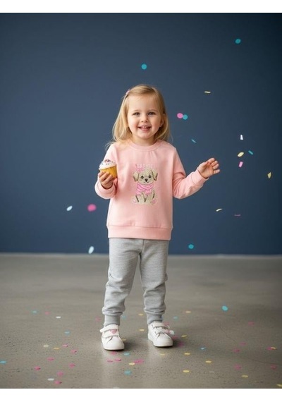 Zekids Kız Bebek Pamuklu Köpek Baskılı Eşofman Takımı-16567 Pembe