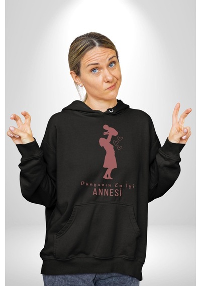Anneler Günü Dünyanın En İyi Annesi Kadın Erkek Siyah Kapüşonlu Sweatshirt Hoodie Siyah