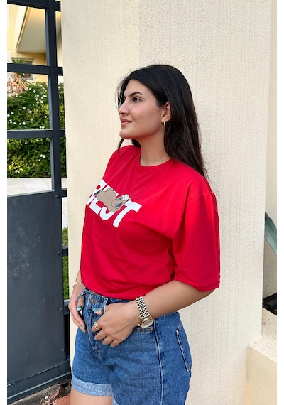 Kırmızı Renk Best Baskı Ayıcık Desenli Unisex Oversize T-shirt Kırmızı